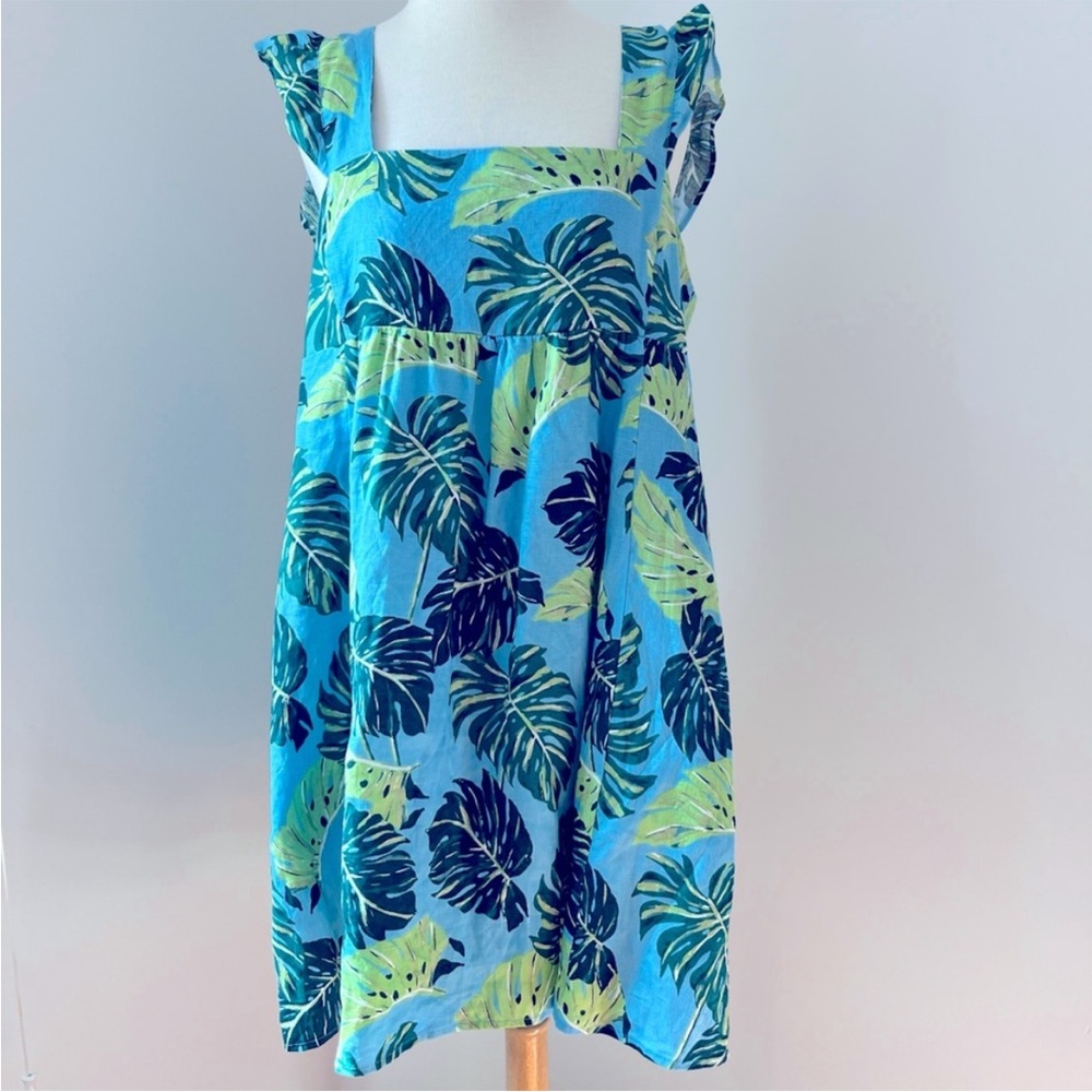 Draper James Palm Leaf Blue Baby Doll Ruffle Sleeve Sundress. Large NWOT